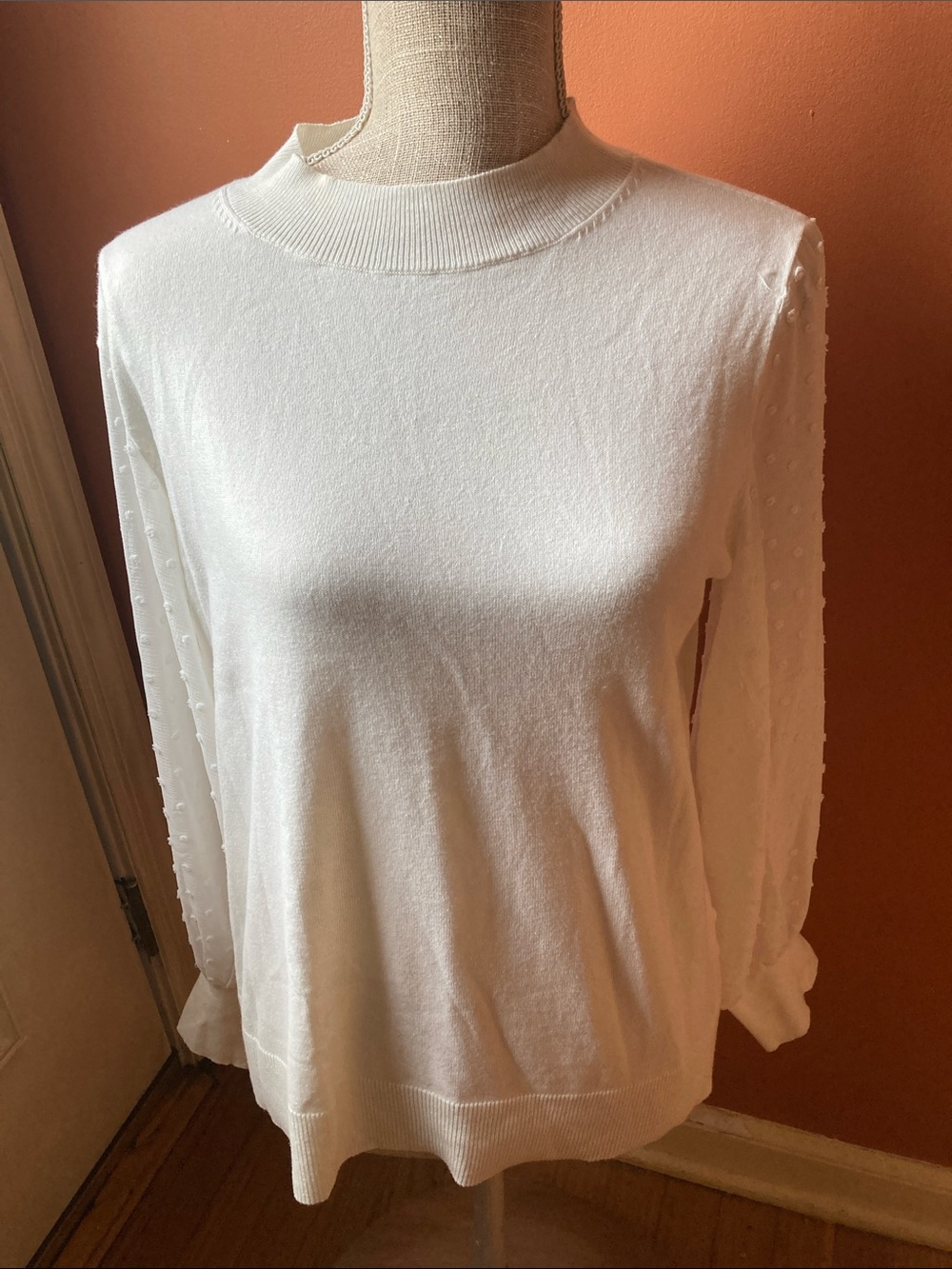NWT CeCe White Mock Neck Sweater with Dot-Textured Sleeves